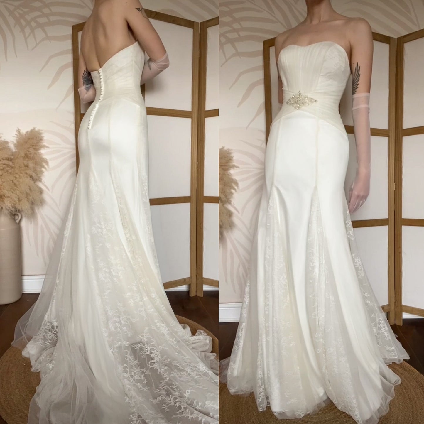 Ivory Benjamin Roberts lace strapless wedding gown uk 10