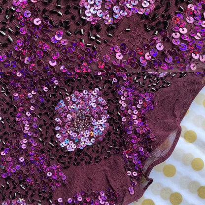 Purple Aftershock sequin 100% silk evening gown & shawl UK 10