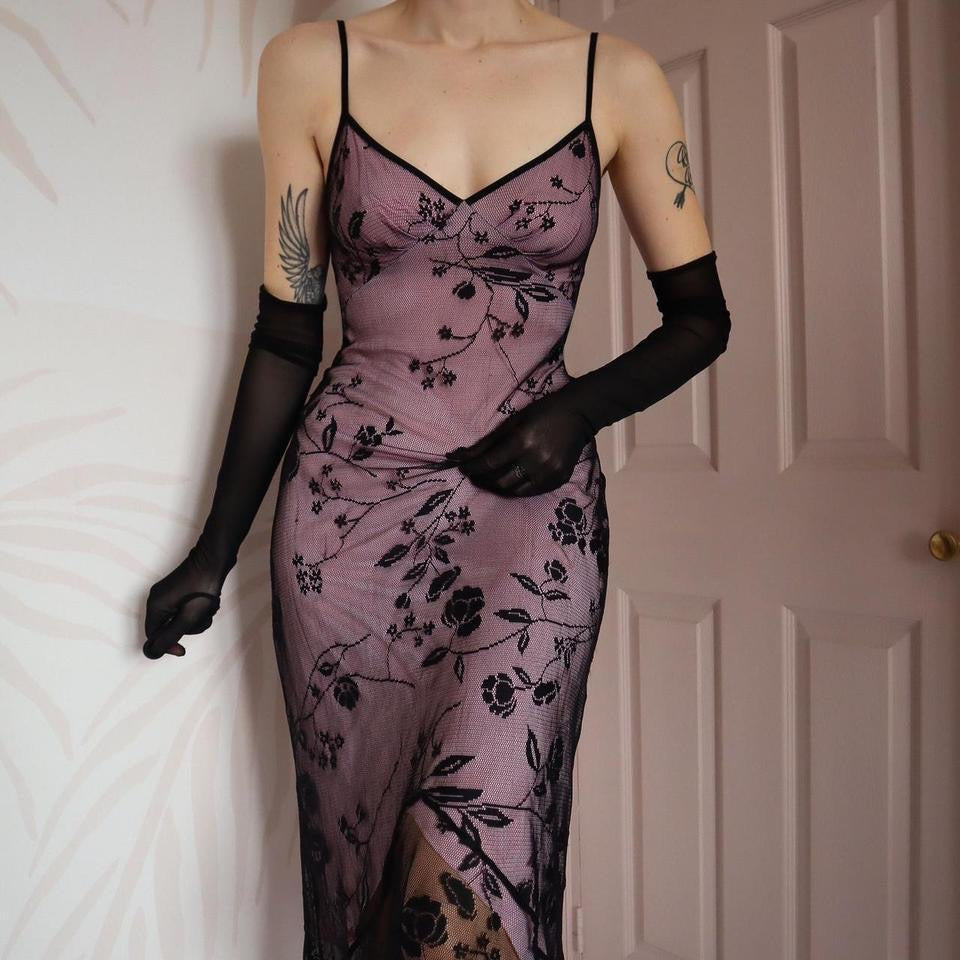 Pink & black lace Etam midi dress UK 14