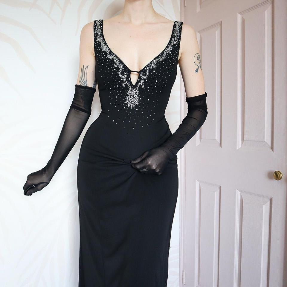 Black low cut lace up back evening dress UK 8-10