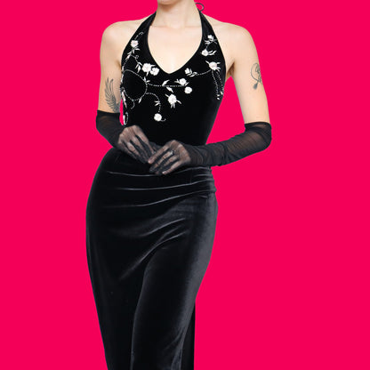 Black velvet halter neck evening dress UK 14
