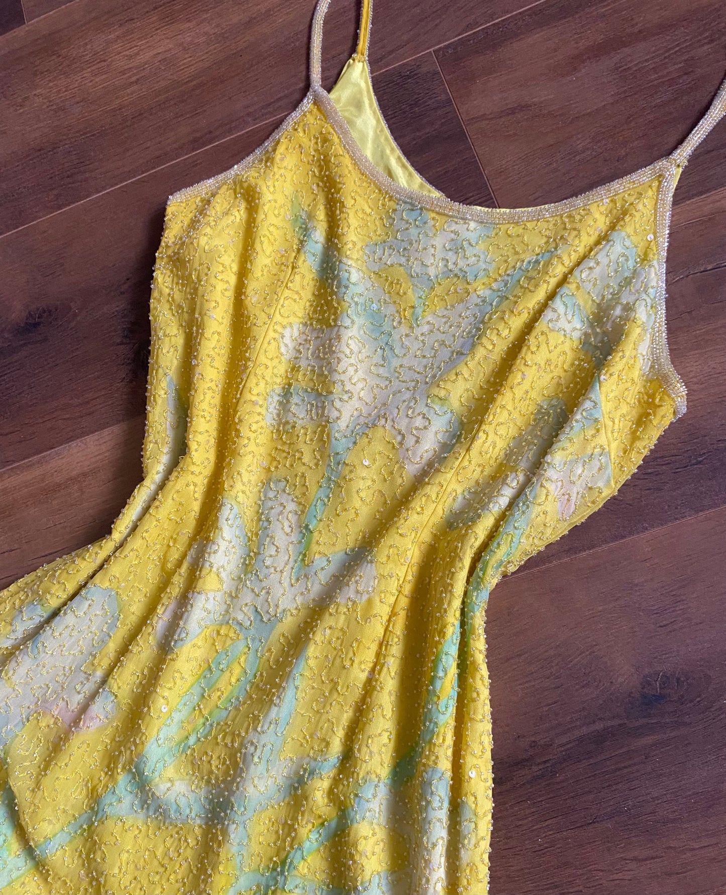 Bright yellow After Six beaded 100% silk evening dress uk 12-14