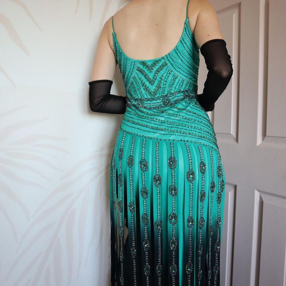 Green Aftershock heavily beaded evening dress UK 12