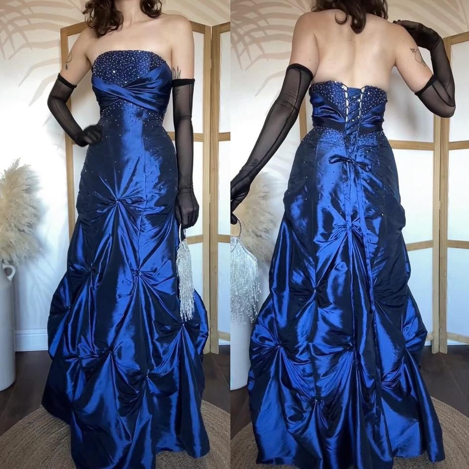 Navy shimmery taffeta beaded prom dress uk 12-14