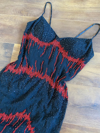 Black & red 100% silk beaded evening dress UK 14