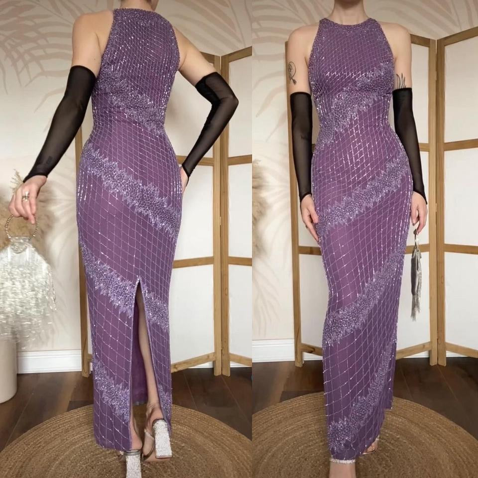 Purple 100% silk beaded evening dress uk 10-12