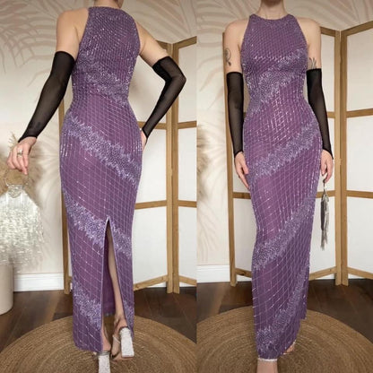 Purple 100% silk beaded evening dress uk 10-12