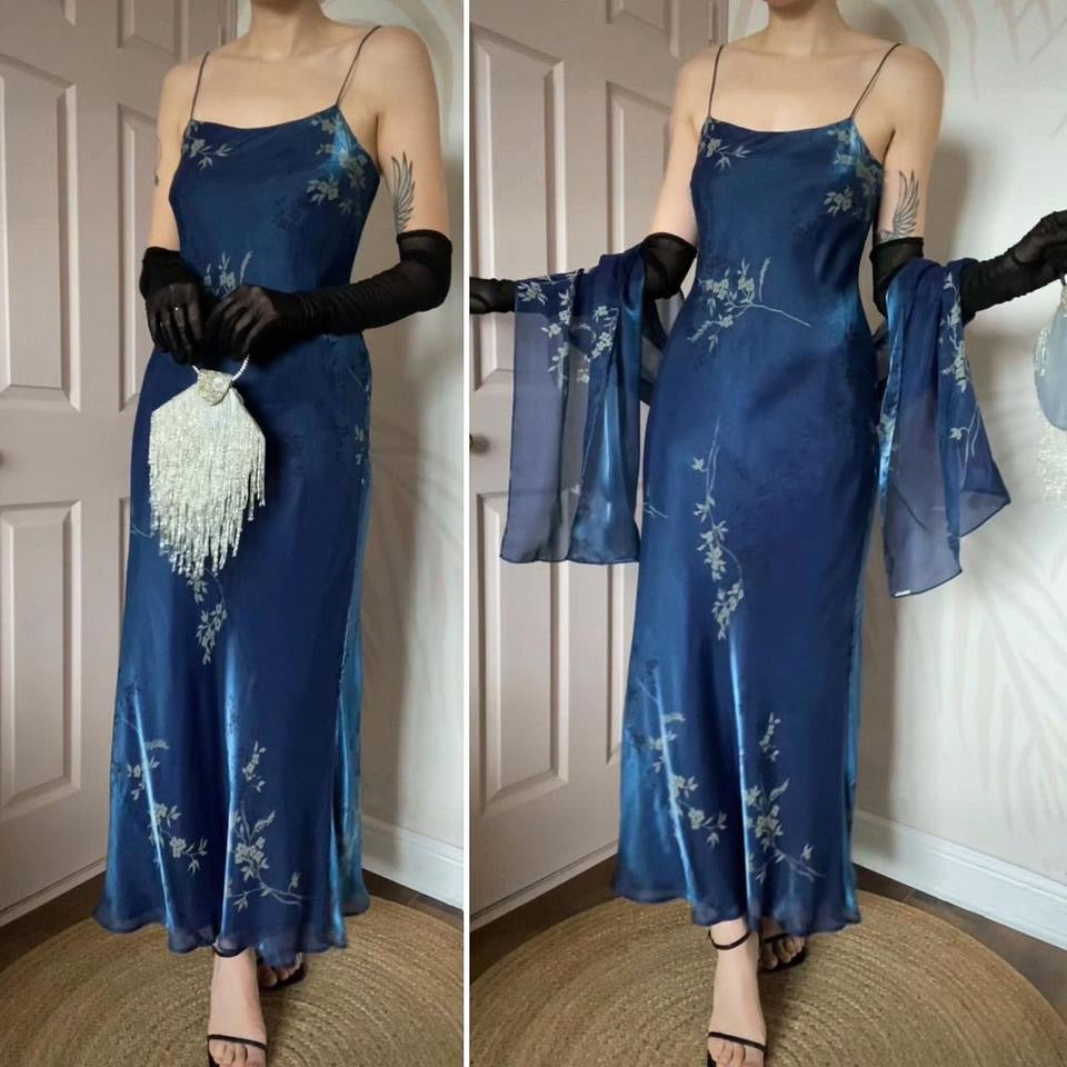 Debut silky blue floral slip dress & shawl UK 10-12