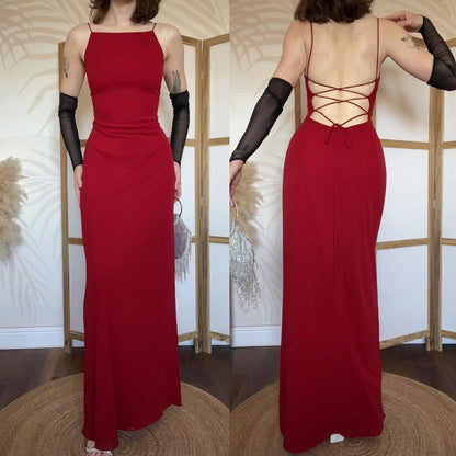 Red stretch 90s lace back evening dress uk 10