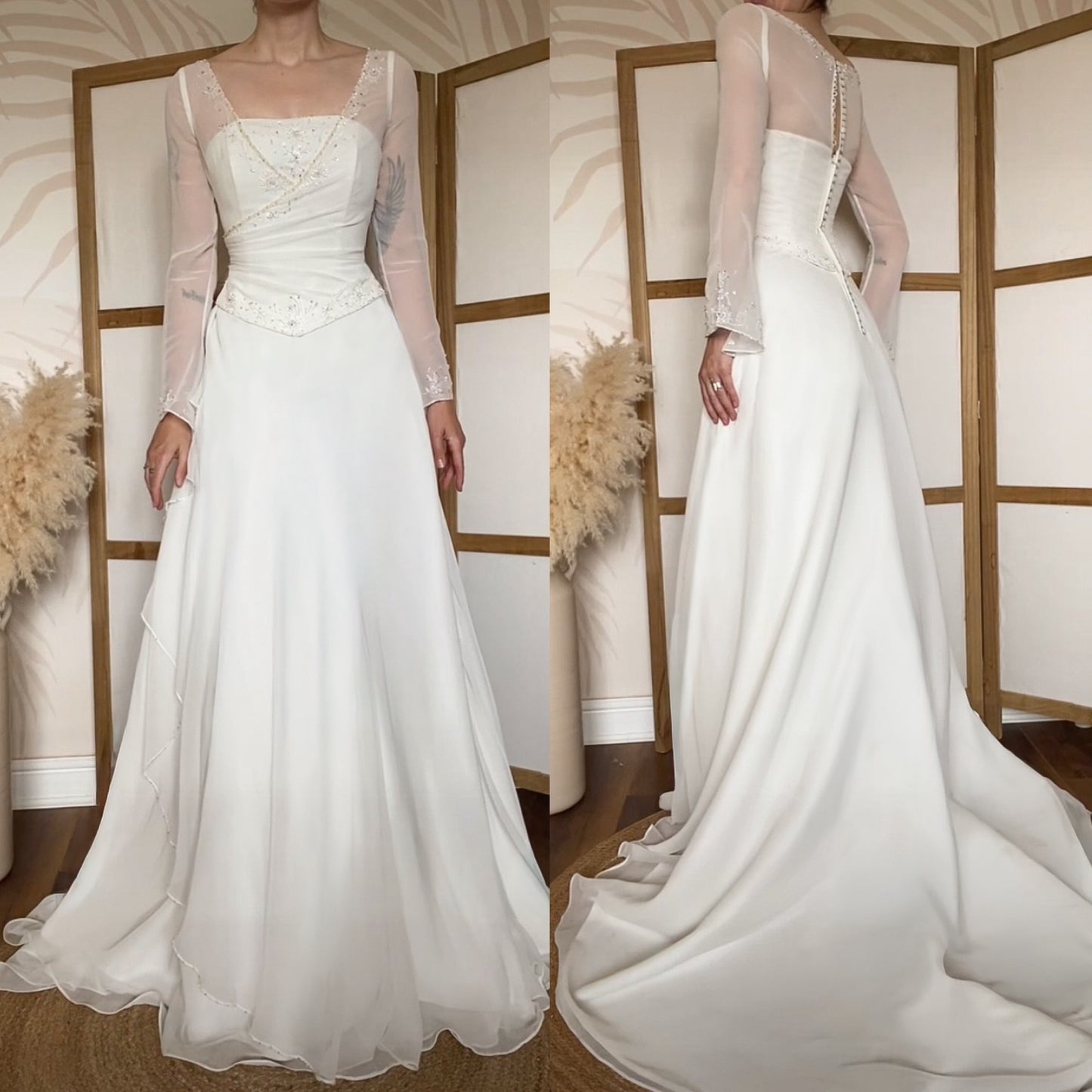 Ivory chiffon long sleeve wedding dress uk 10