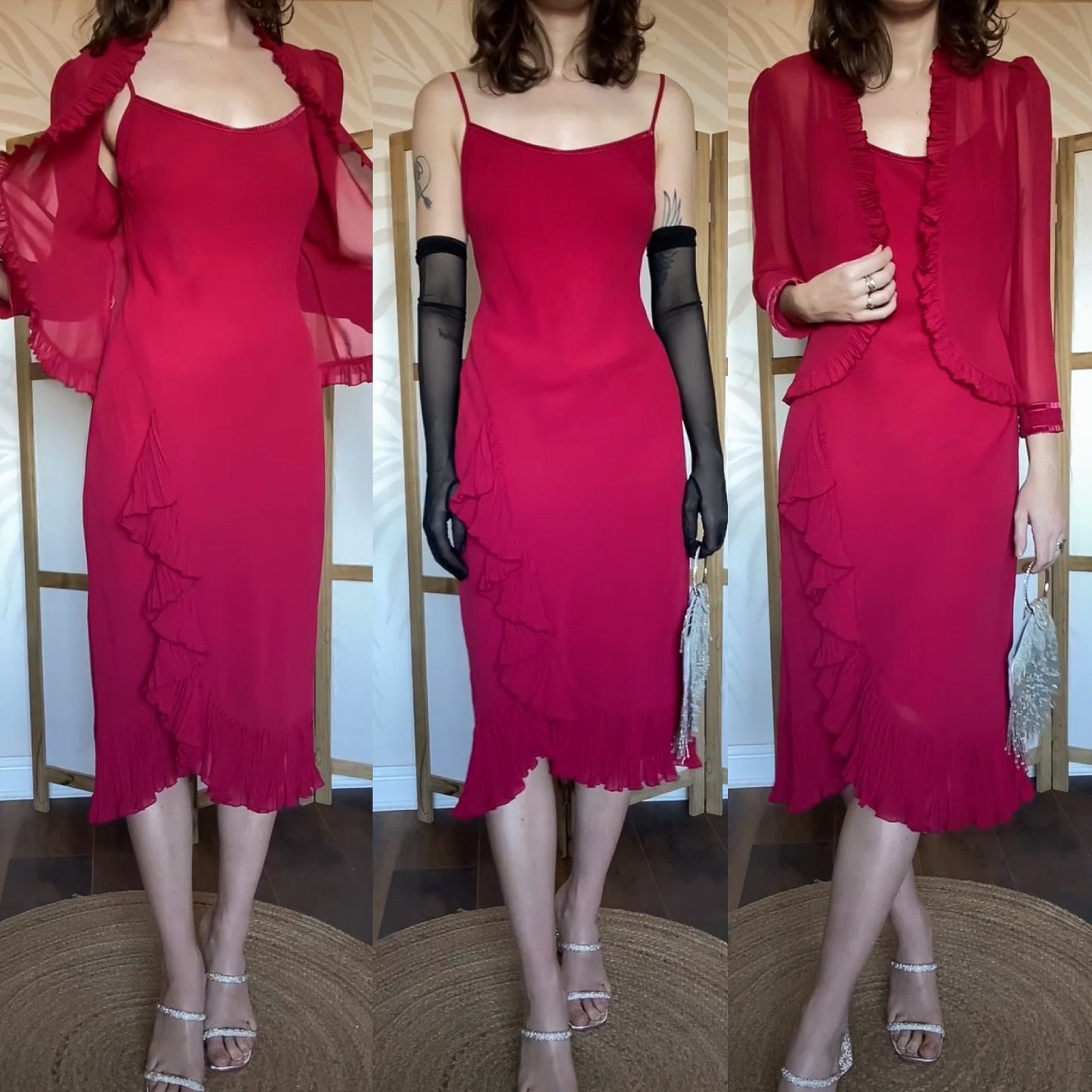 Debut red chiffon 2-piece dress & jacket uk 12