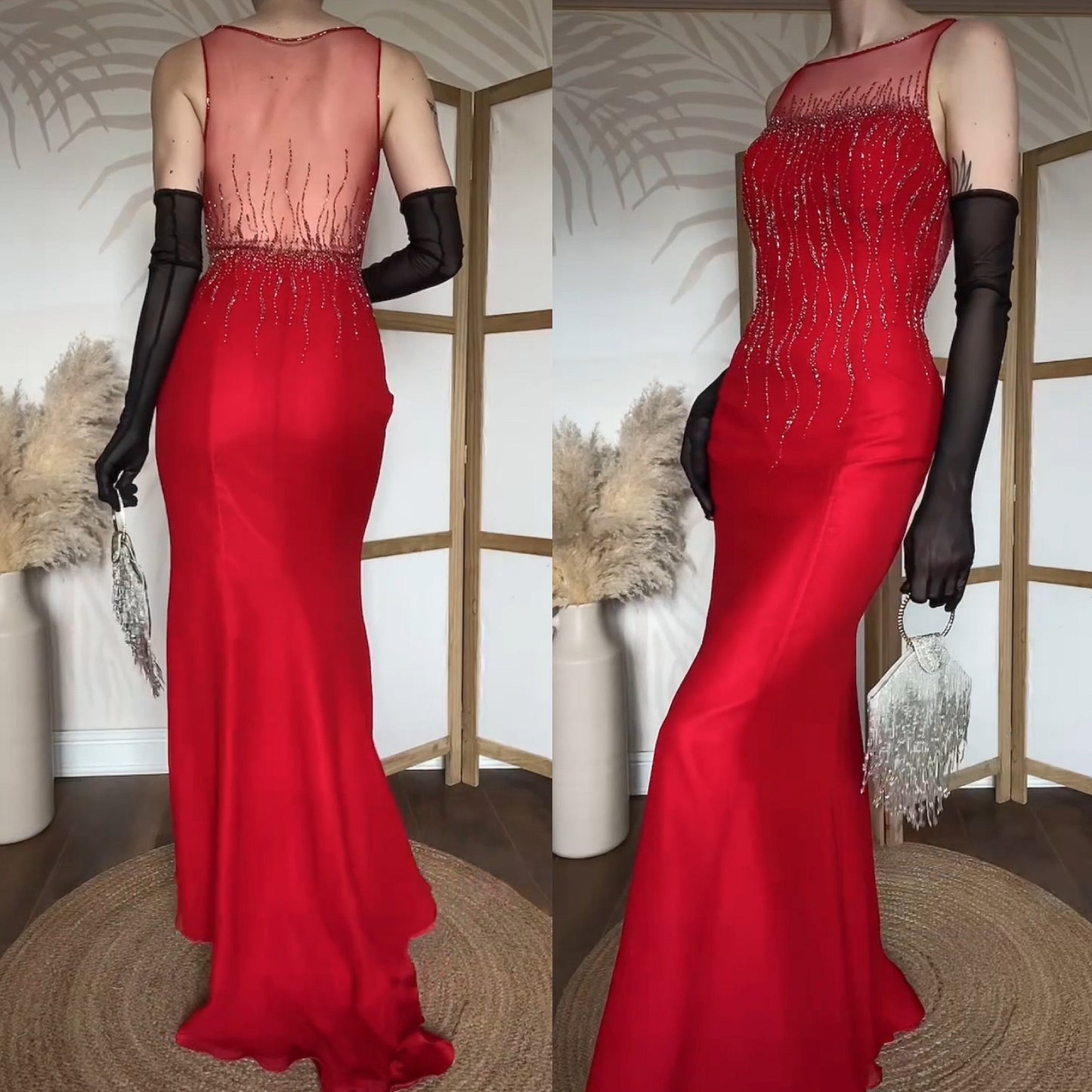 Red 100% silk red beaded evening dress uk 10