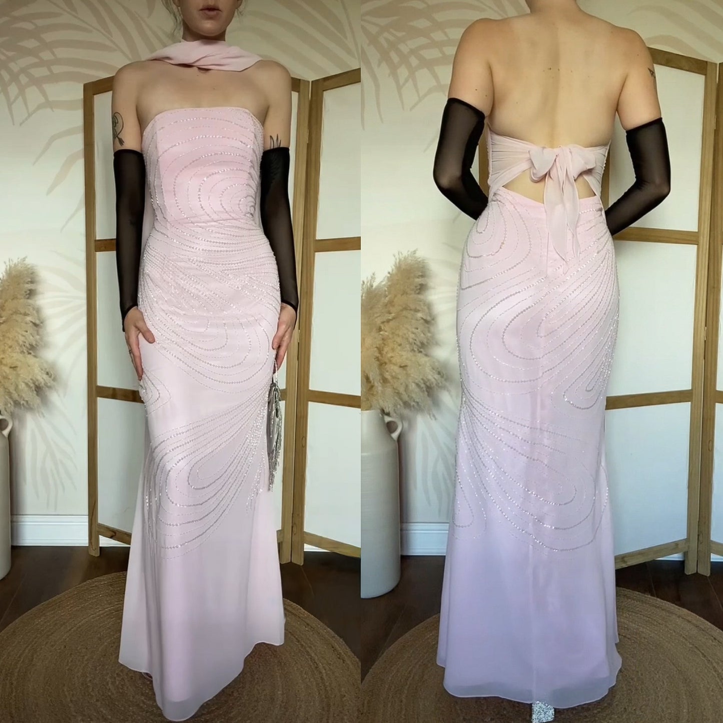 Light pink strapless beaded evening dress & shawl uk 14