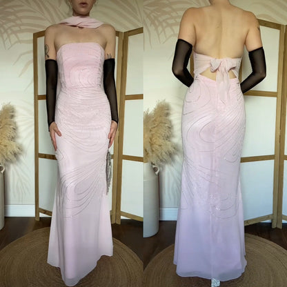 Light pink strapless beaded evening dress & shawl uk 14