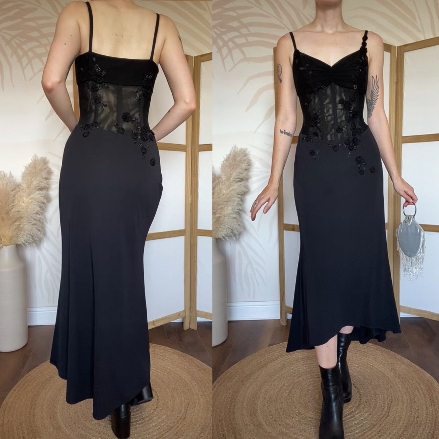 Black Dusk stretch sheer waist evening dress UK 12
