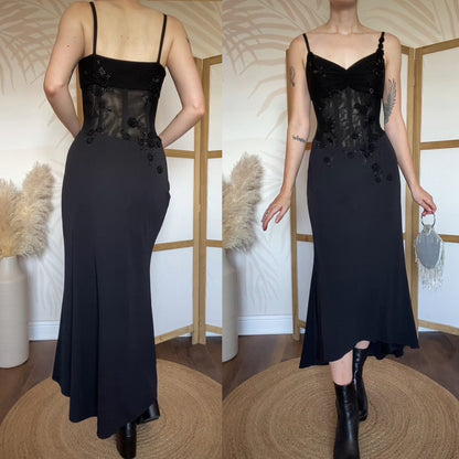 Black Dusk stretch sheer waist evening dress UK 12