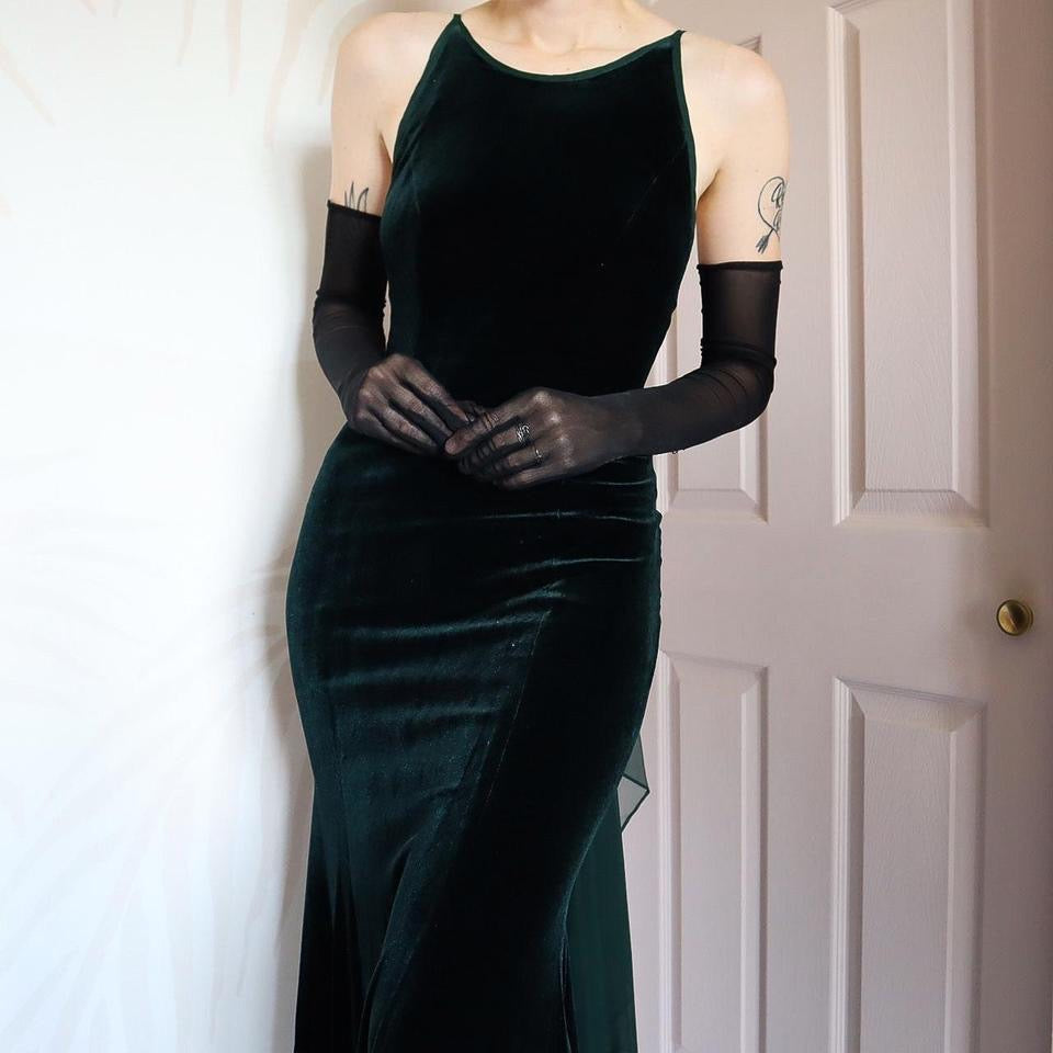 Dark Green Vintage Dave & Johnny Velvet Evening Gown UK 8