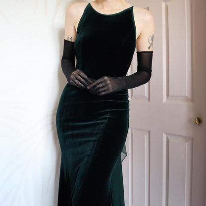 Dark Green Vintage Dave & Johnny Velvet Evening Gown UK 8