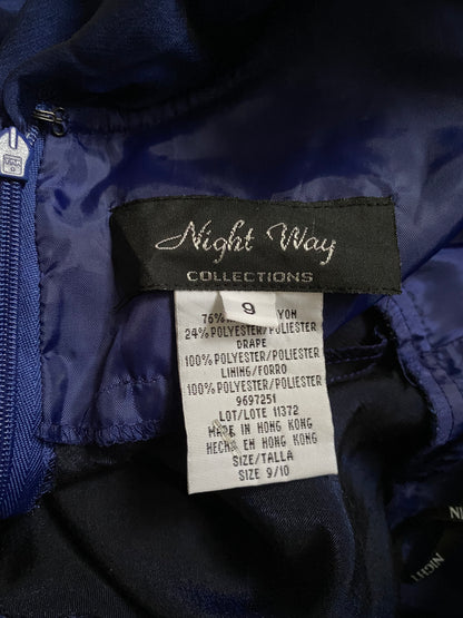 Silky blue evening dress with trail UK 12