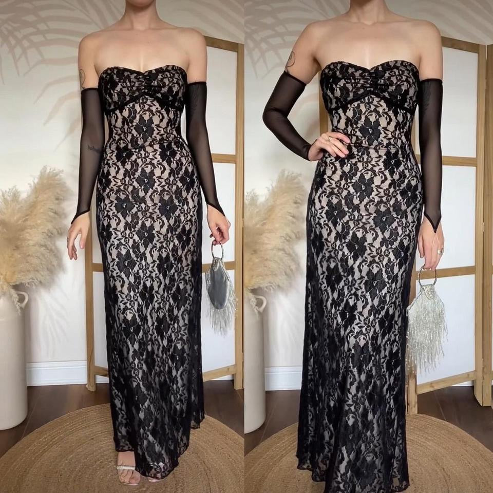 Black lace strapless stretchy evening dress uk 10