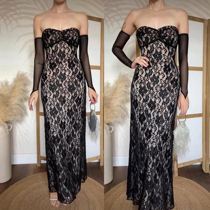 Black lace strapless stretchy evening dress uk 10