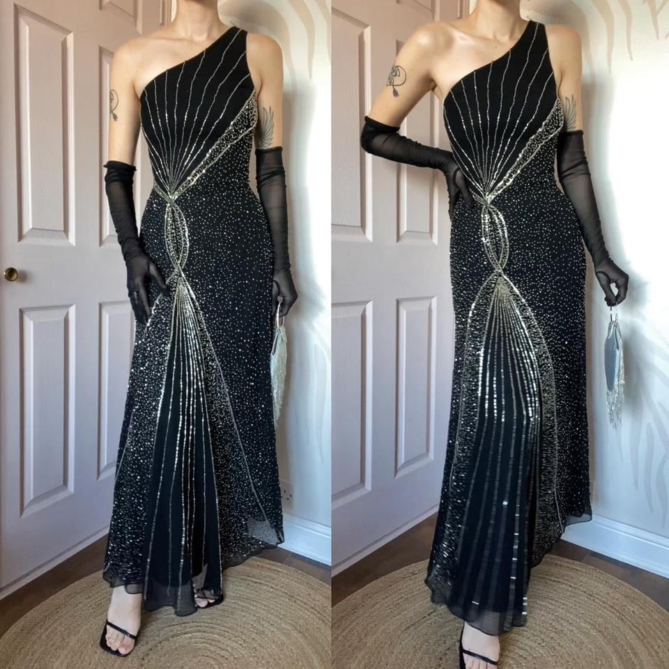 Black one shoulder beaded evening dress UK 12 & UK 16