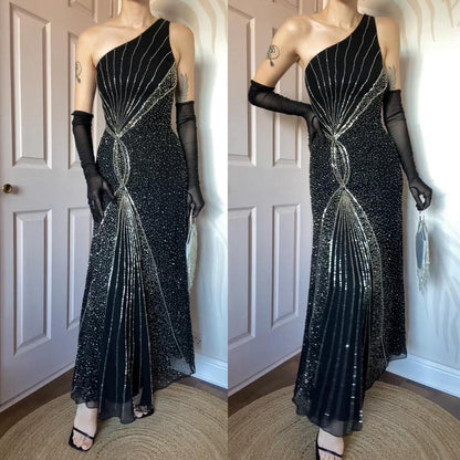 Black one shoulder beaded evening dress UK 12 & UK 16