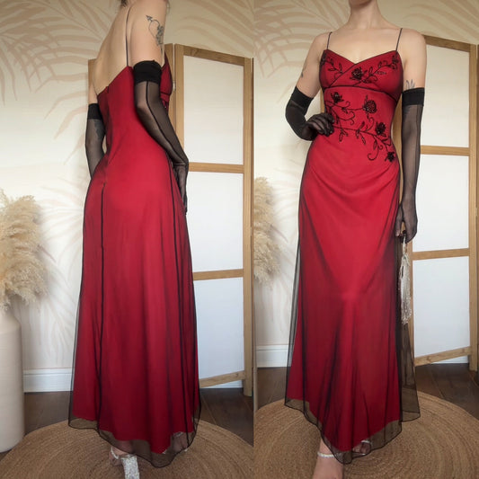 Red stretch beaded evening dress uk 14