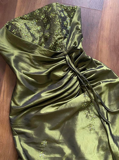 Green taffeta strapless prom dress uk 12-14
