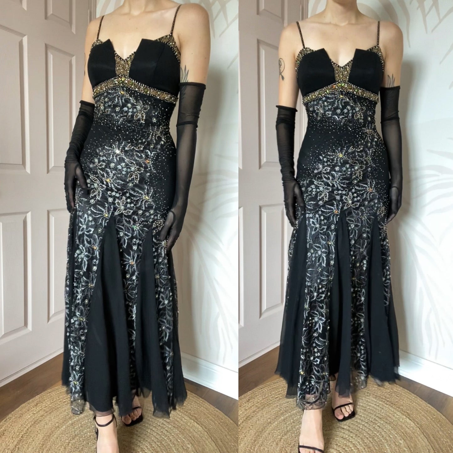 100% silk beaded lace black dress UK 10-12