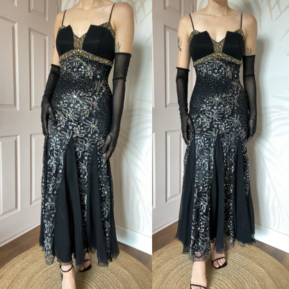 100% silk beaded lace black dress UK 10-12
