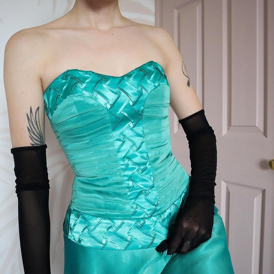 Teal strapless lace up midi dress UK 8-10