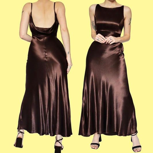 Silky brown low back evening dress UK 14