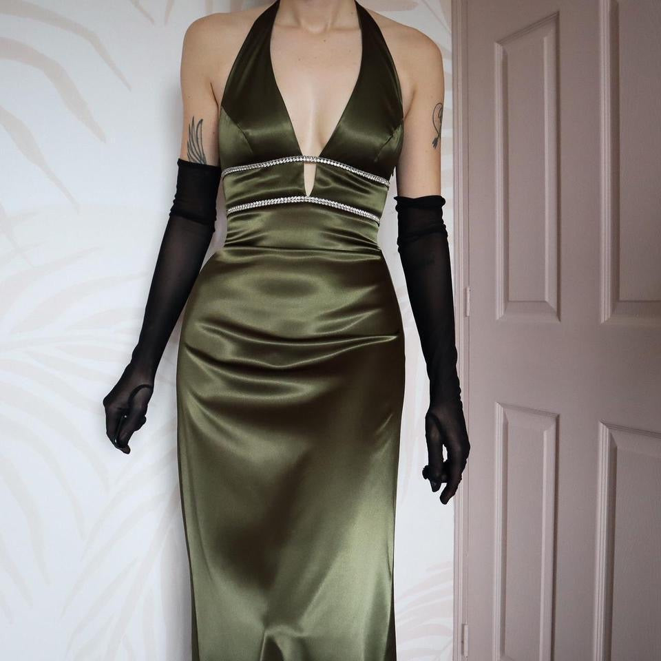 Khaki green satin diamanté evening gown UK 10