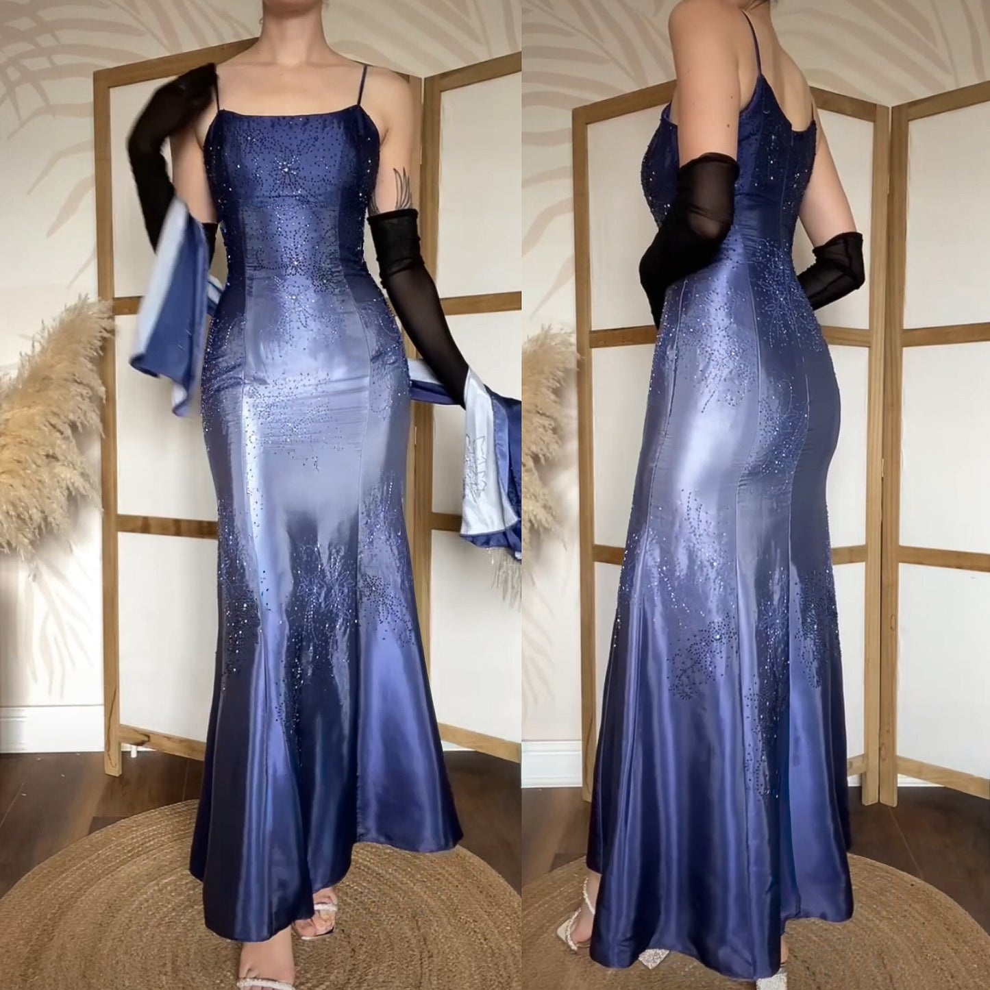 Navy ombré satin beaded evening dress uk 10-12