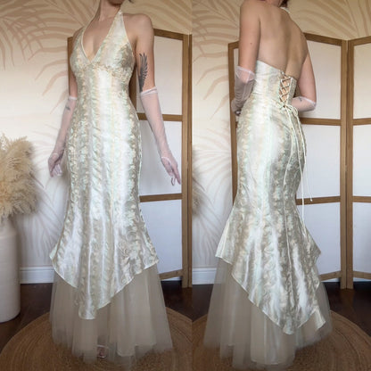 Halter-neck fishtail evening dress uk 14