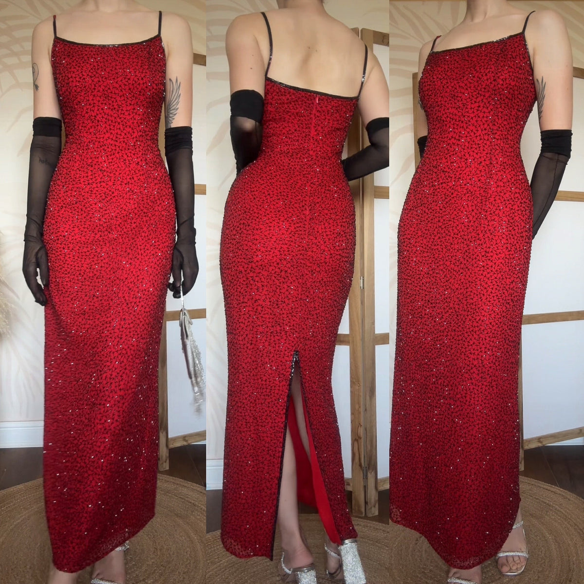 Red 100% silk beaded evening dress uk 12