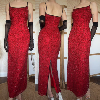 Red 100% silk beaded evening dress uk 12