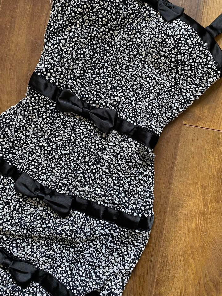 Sousourada 100% silk black & white beaded evening dress uk 6-8