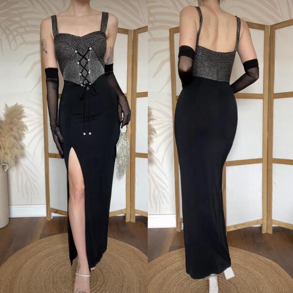 Tadashi black stretchy evening dress uk 8-10