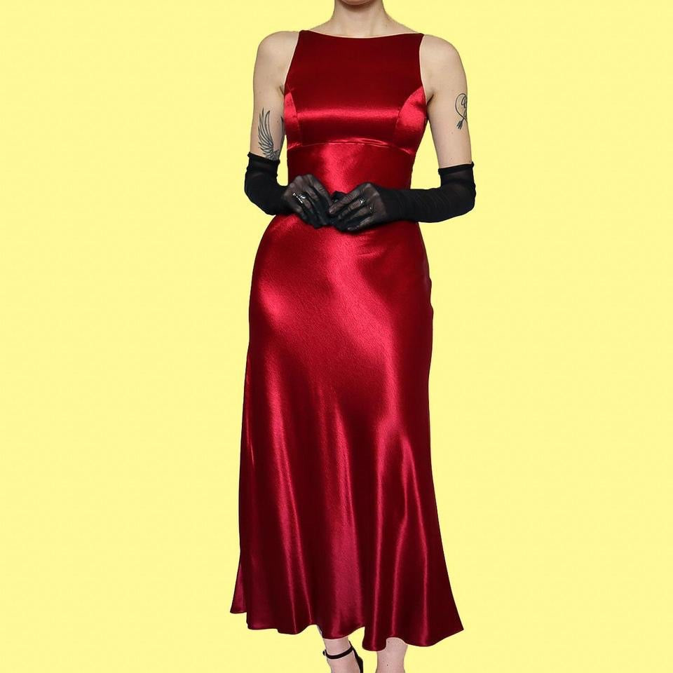 Red satin petite evening dress UK 8 & UK 10