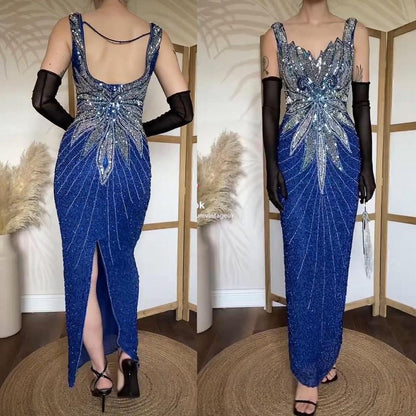 Blue 100% silk beaded evening dress uk 12