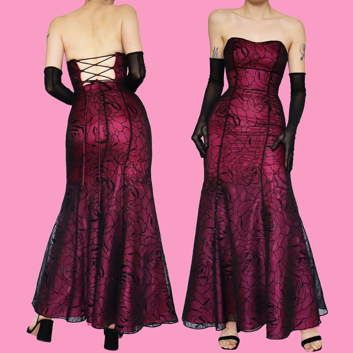 Pink strapless glitter floral evening dress UK 8 & UK 12