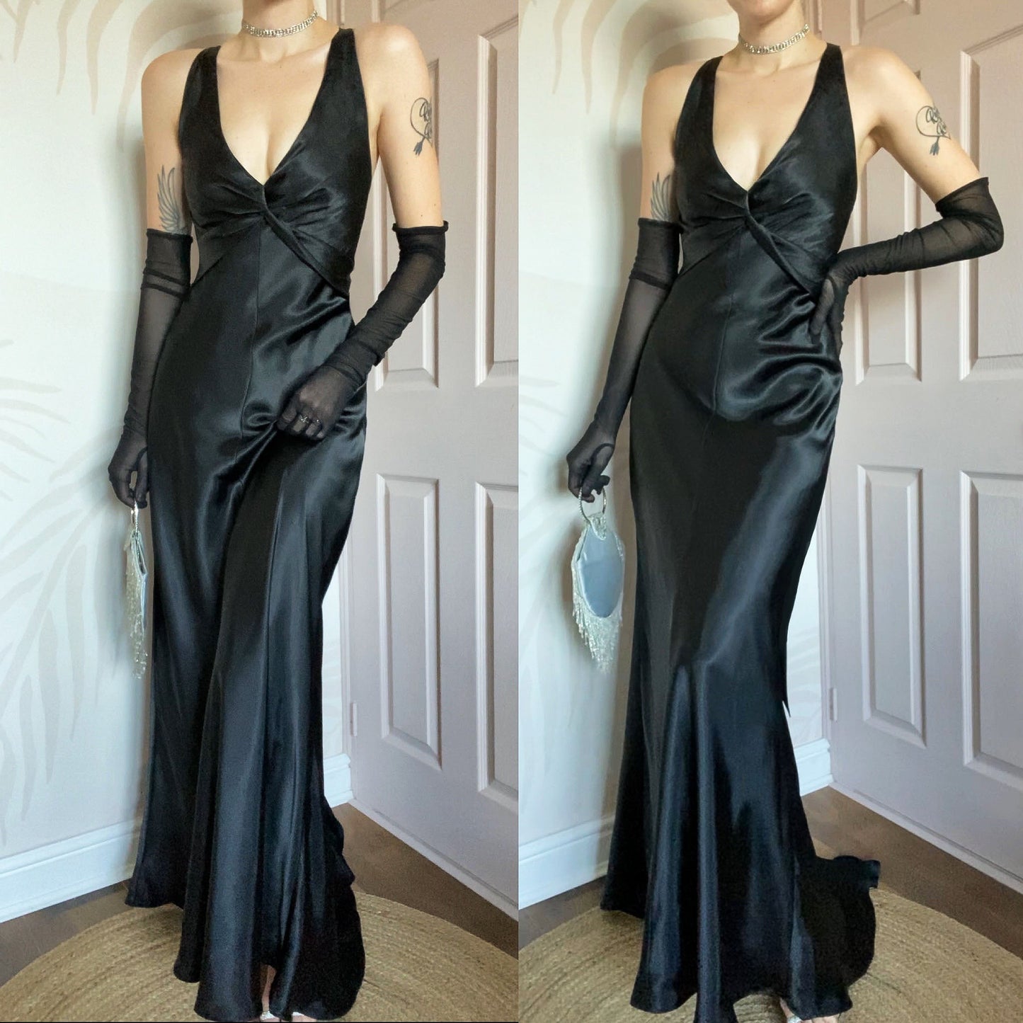 Black satin Betsy & Adam evening gown UK 14