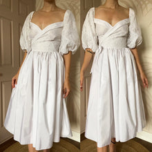 Load image into Gallery viewer, White puff sleeve wrap midi wedding dress UK 8-10
