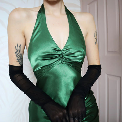 Green satin halter-neck evening dress UK 8