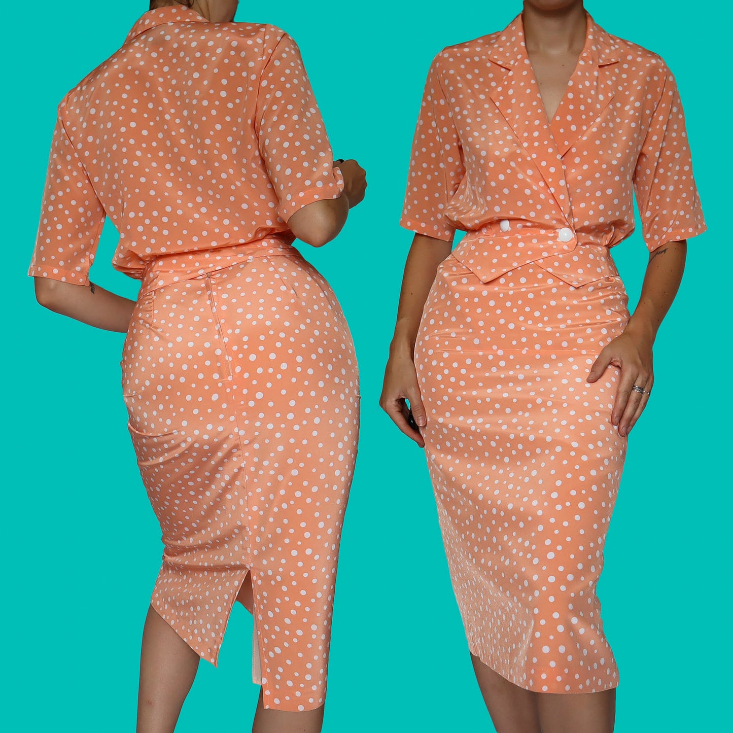 Peach polka dot 2 piece top & skirt suit UK 8