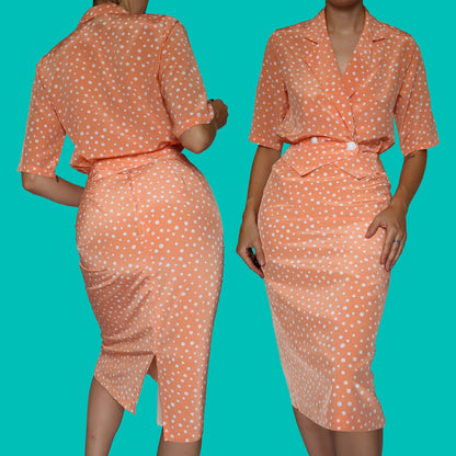Peach polka dot 2 piece top & skirt suit UK 8