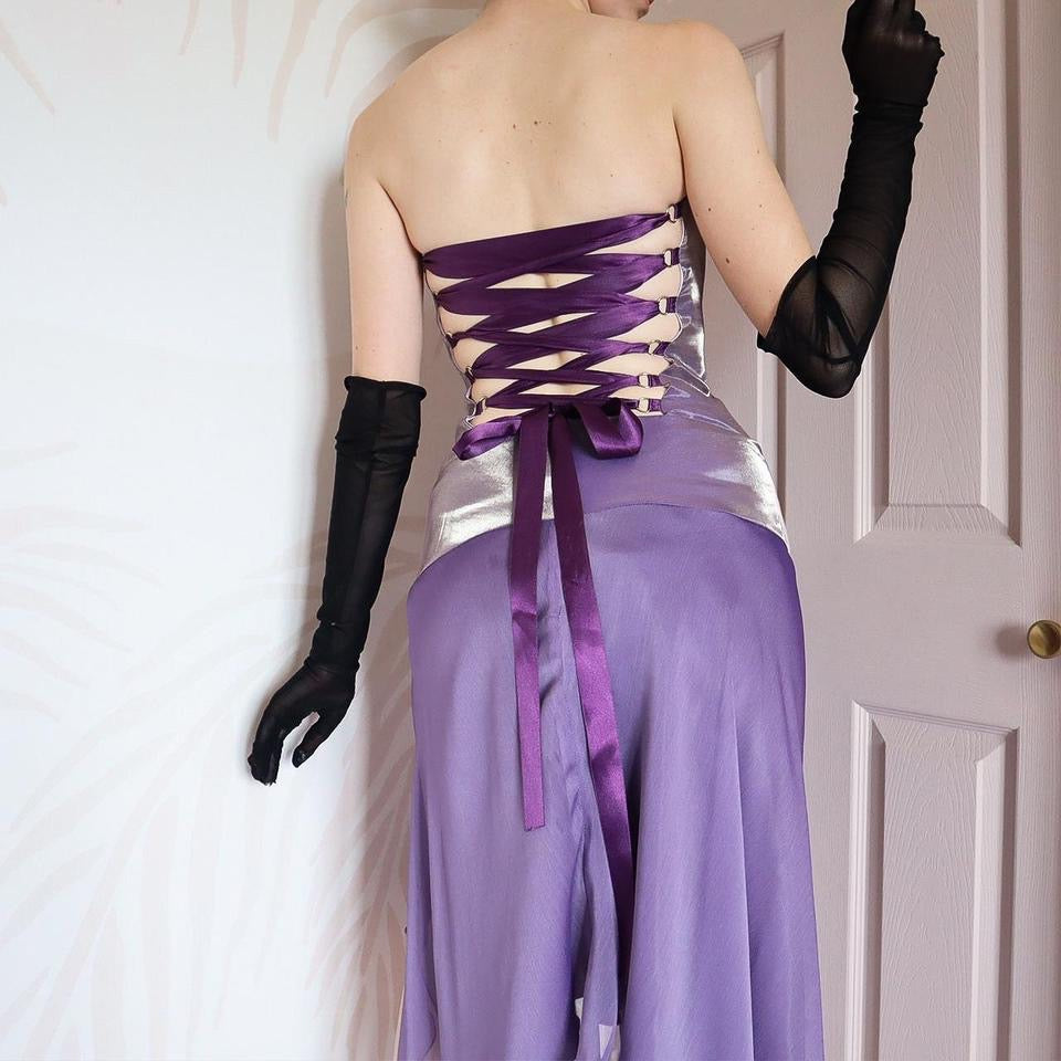 Purple strapless lace up back midi dress UK 8