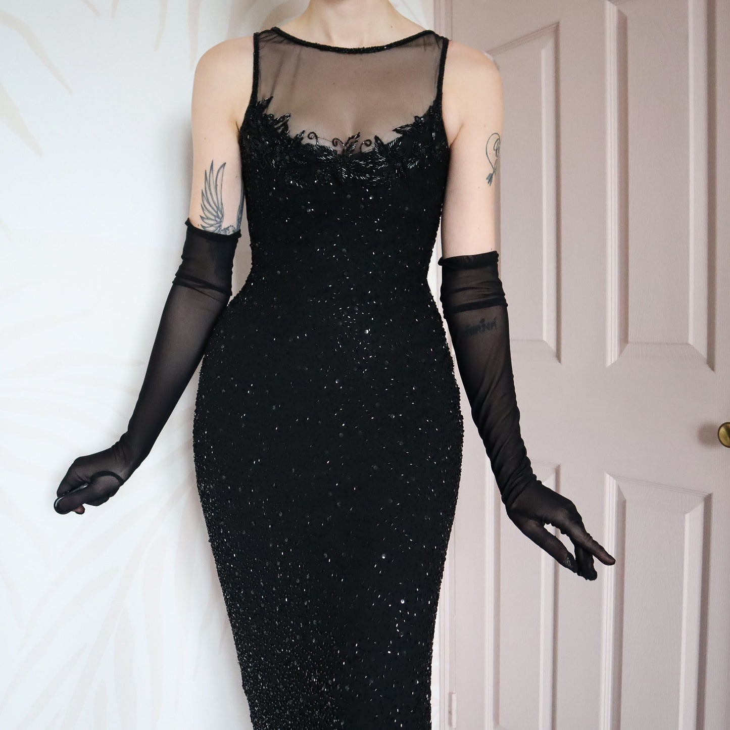 Vintage black beaded evening gown UK 8